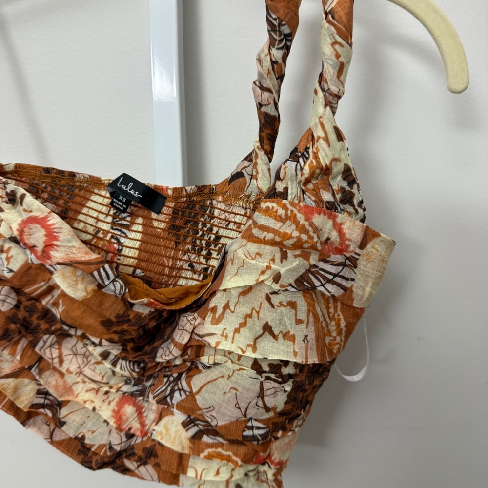 LULUS Something Wild Brown Multi Print Pleated One-Shoulder Crop Top SIZE XS - Picture 5 of 7
